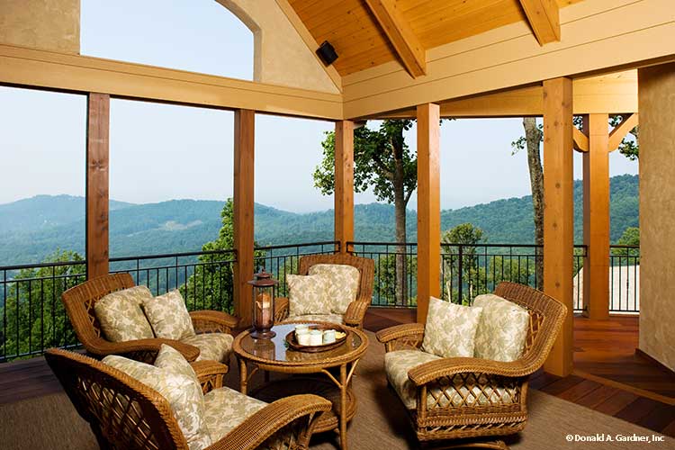 Mountain view from the screened in porch. The Oak Abbey plan 5003.