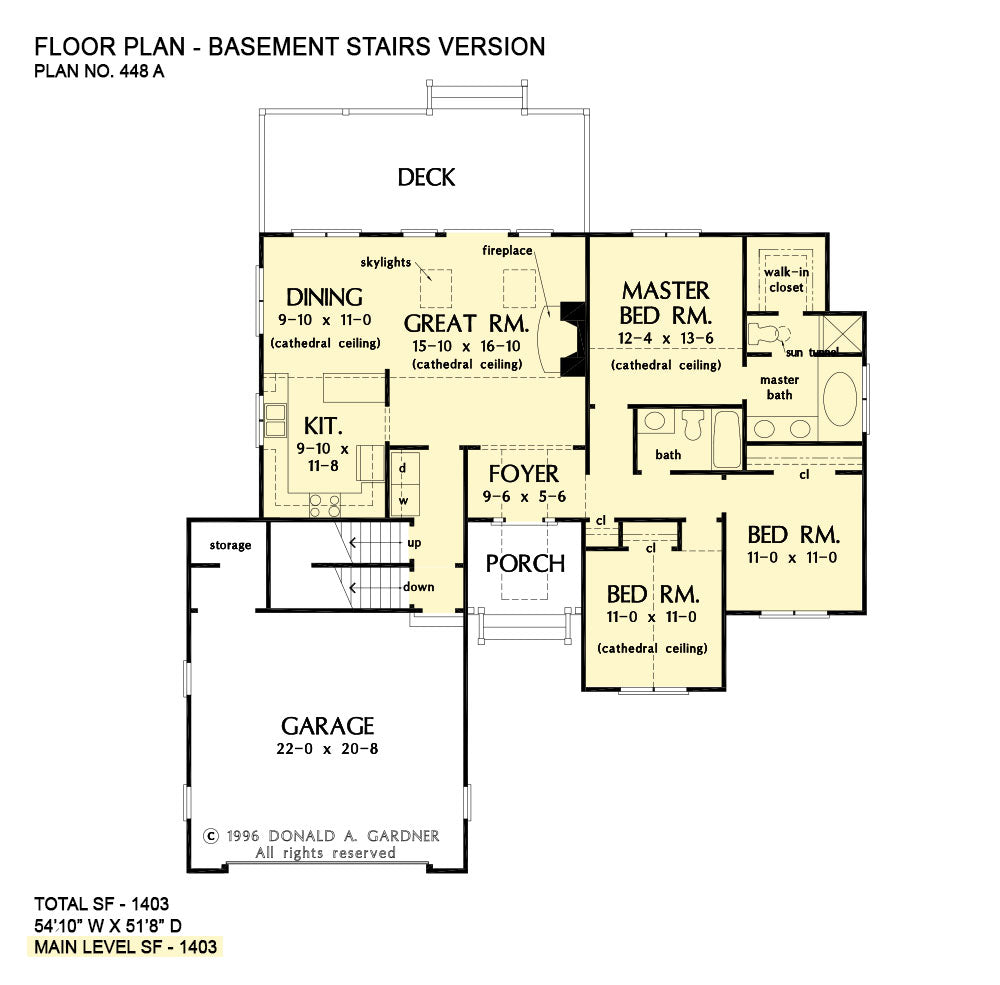 This is the first floor plan image for one story house plan 448 The Oak Grove if the home is built over a basement
