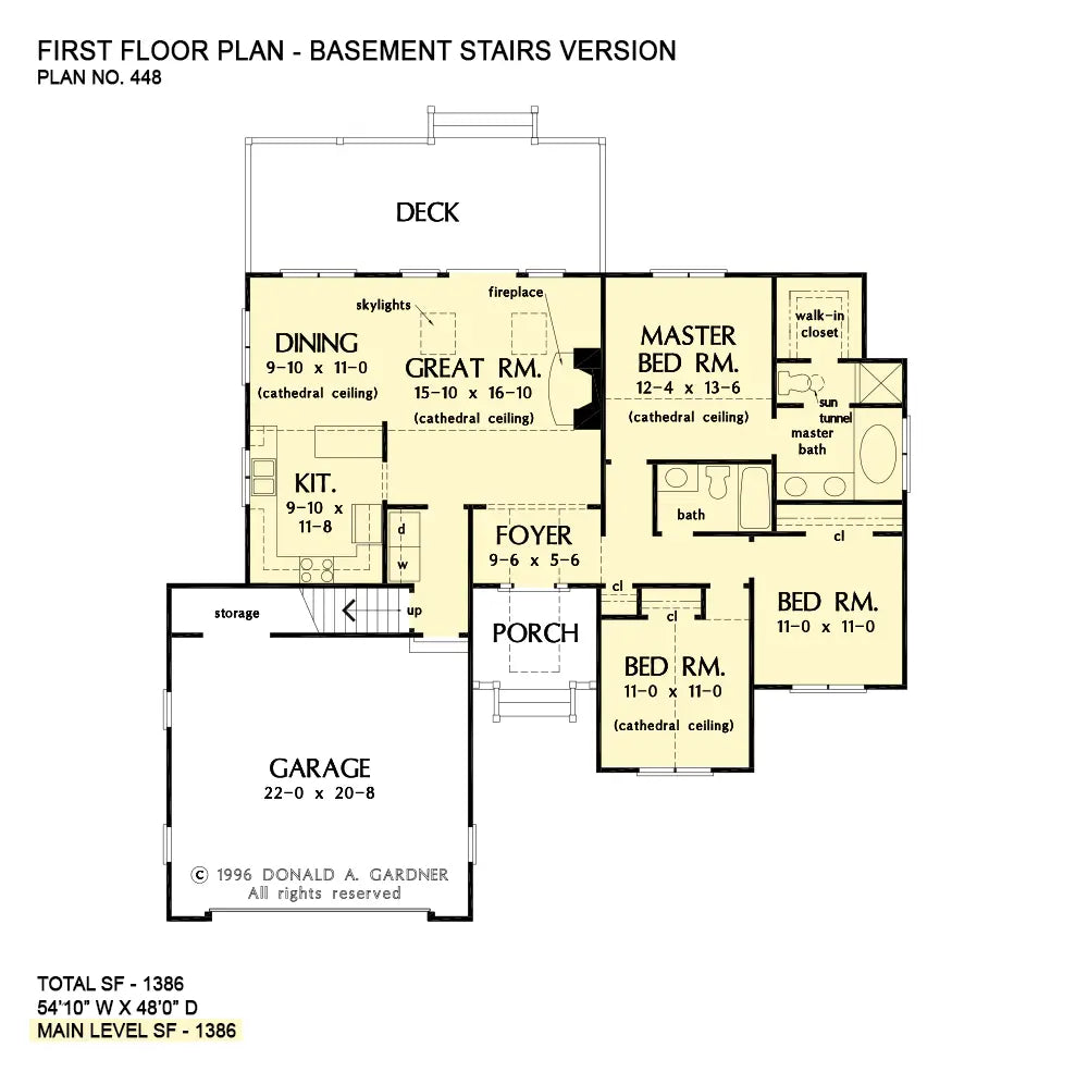 This is the first floor plan image for one story house plan 448 The Oak Grove if the home is built over a basement