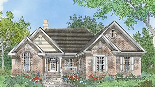 This is a front view illustration of a brick ranch home. The Ogilvey plan 794.