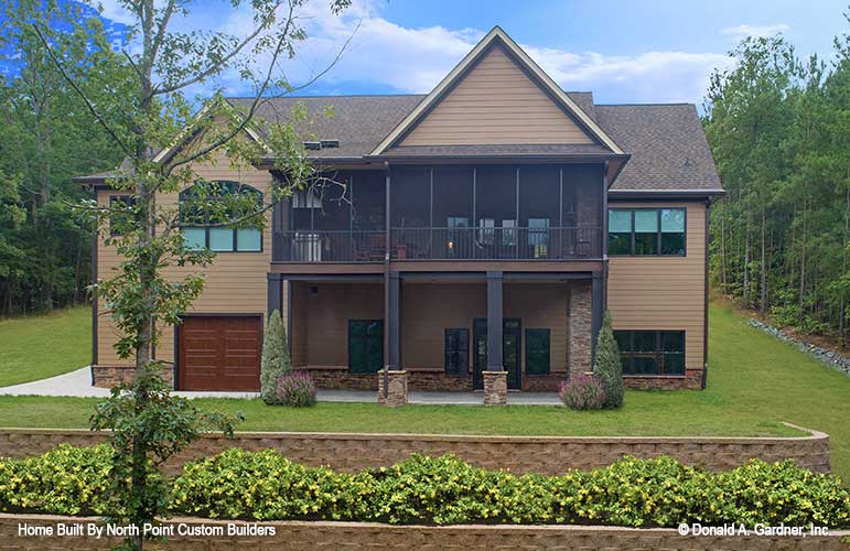 Rear view of plan 1427 The Oliver showing added walkout basement design 