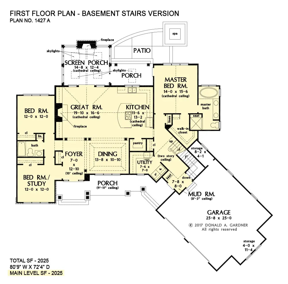 This is the first floor plan image for one story house plan 1427 The Oliver if the home is built over a basement