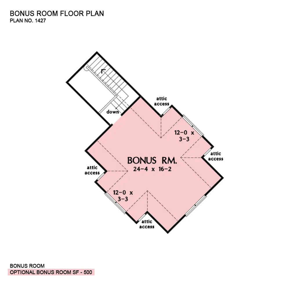 This is the bonus room floor plan image for 3 bedroom house plan 1427 The Oliver