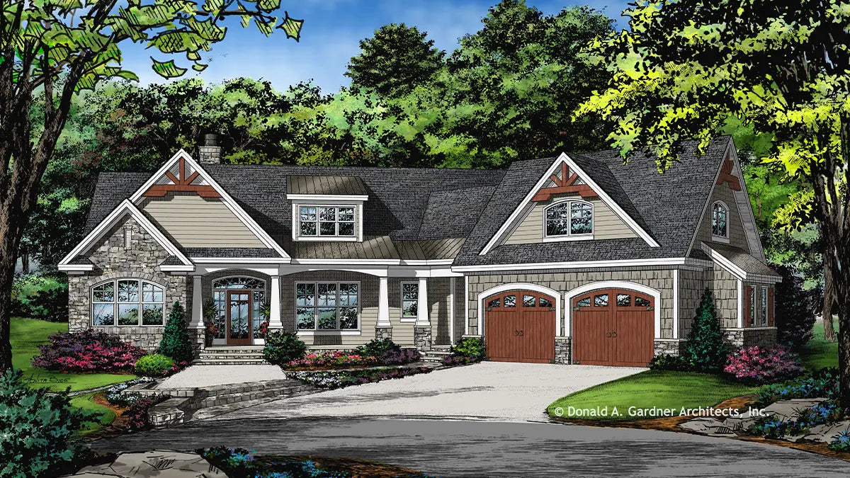 This is an illustration of the front of Craftsman house plan 1427 The Oliver