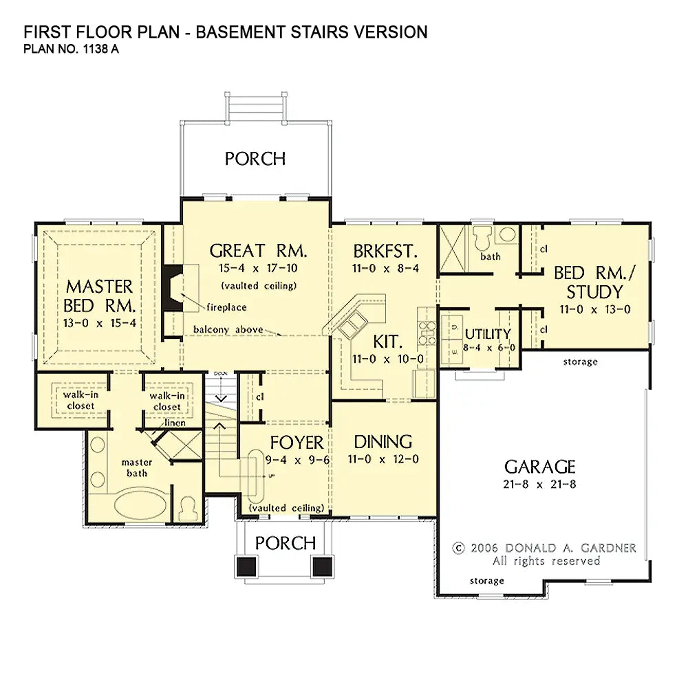 This is the first floor plan image for two story house plan 1138 The Oneale if the home is built over a basement