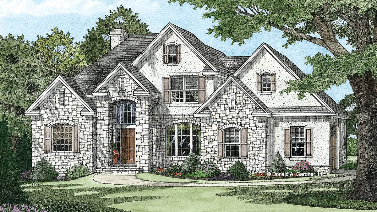 This is an illustration of the front of four bedroom house plan 1138 The Oneale