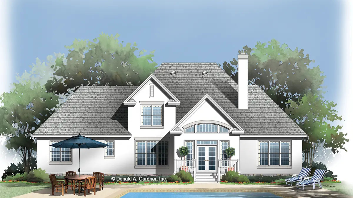 This is an illustration of the rear of two story house plan 1138 The Oneale