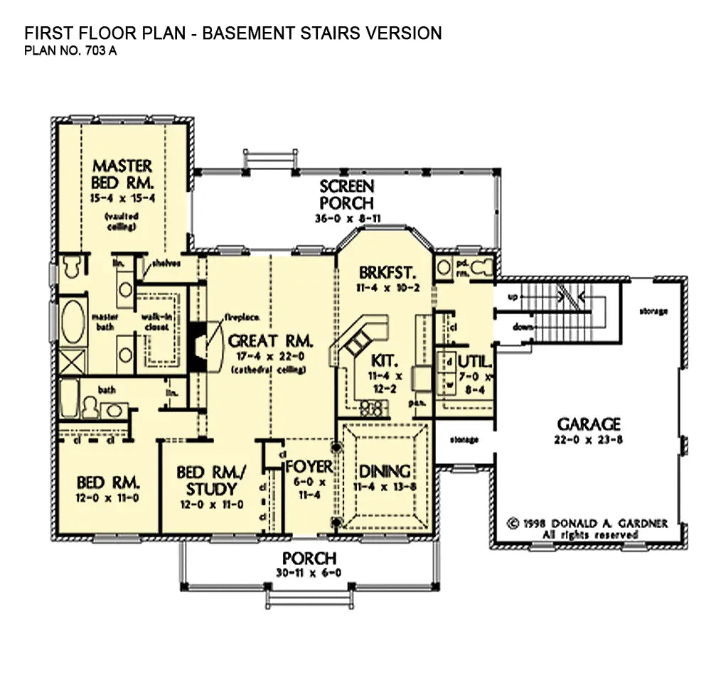 This is the first floor plan image for one story house plan 703 The Orchard Park if the home is built over a basement