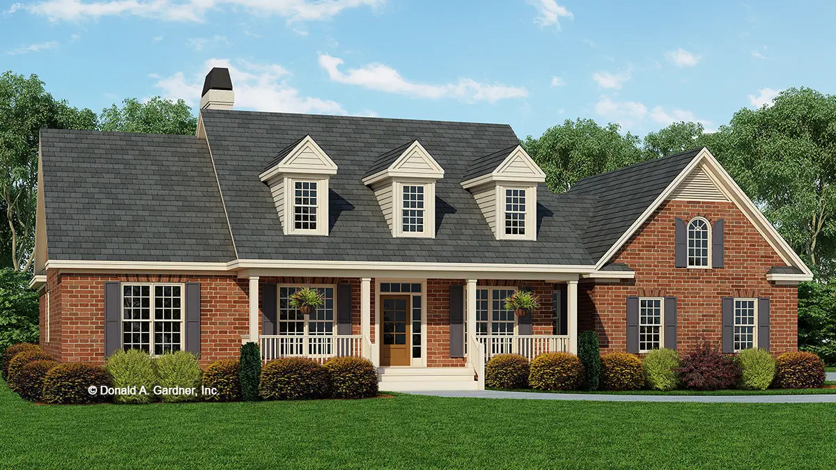 This is an illustration of the front of brick house plan 703 The Orchard Park