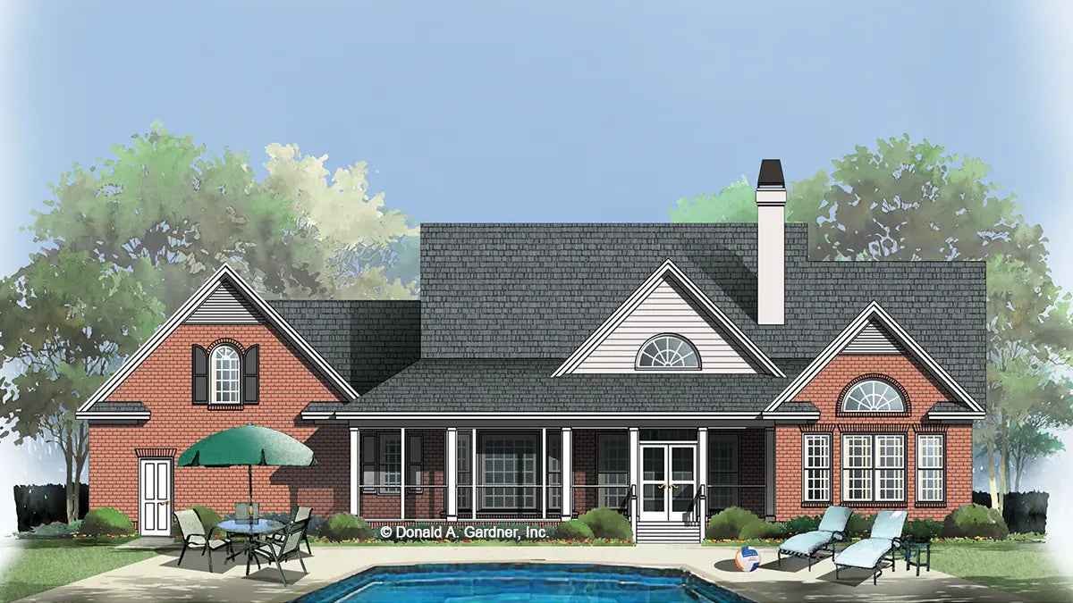 This is an illustration of the rear of one story house plan 703 The Orchard Park