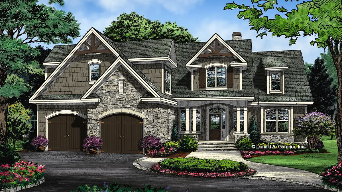 This is an illustration of the front of cottage house plan 1428 The Oscar