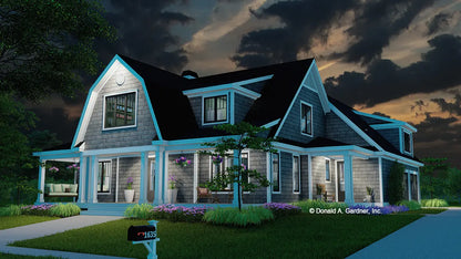 This is an illustration of the front of farmhouse plan 1635 The Otis at dusk