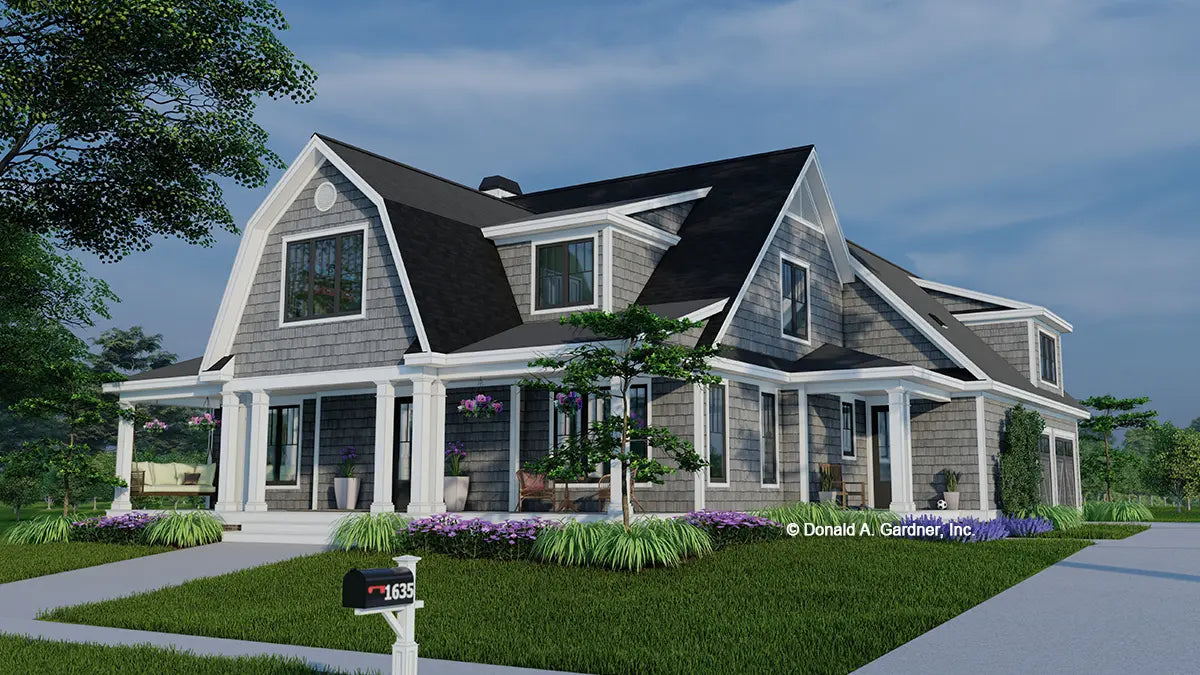 This is an illustration of the front of four bedroom house plan 1635 The Otis