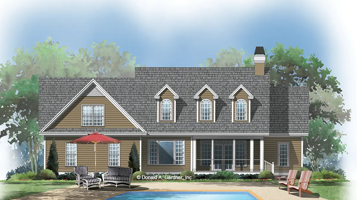 This is an illustration of the rear of three bedroom house plan 539 The Overbrook