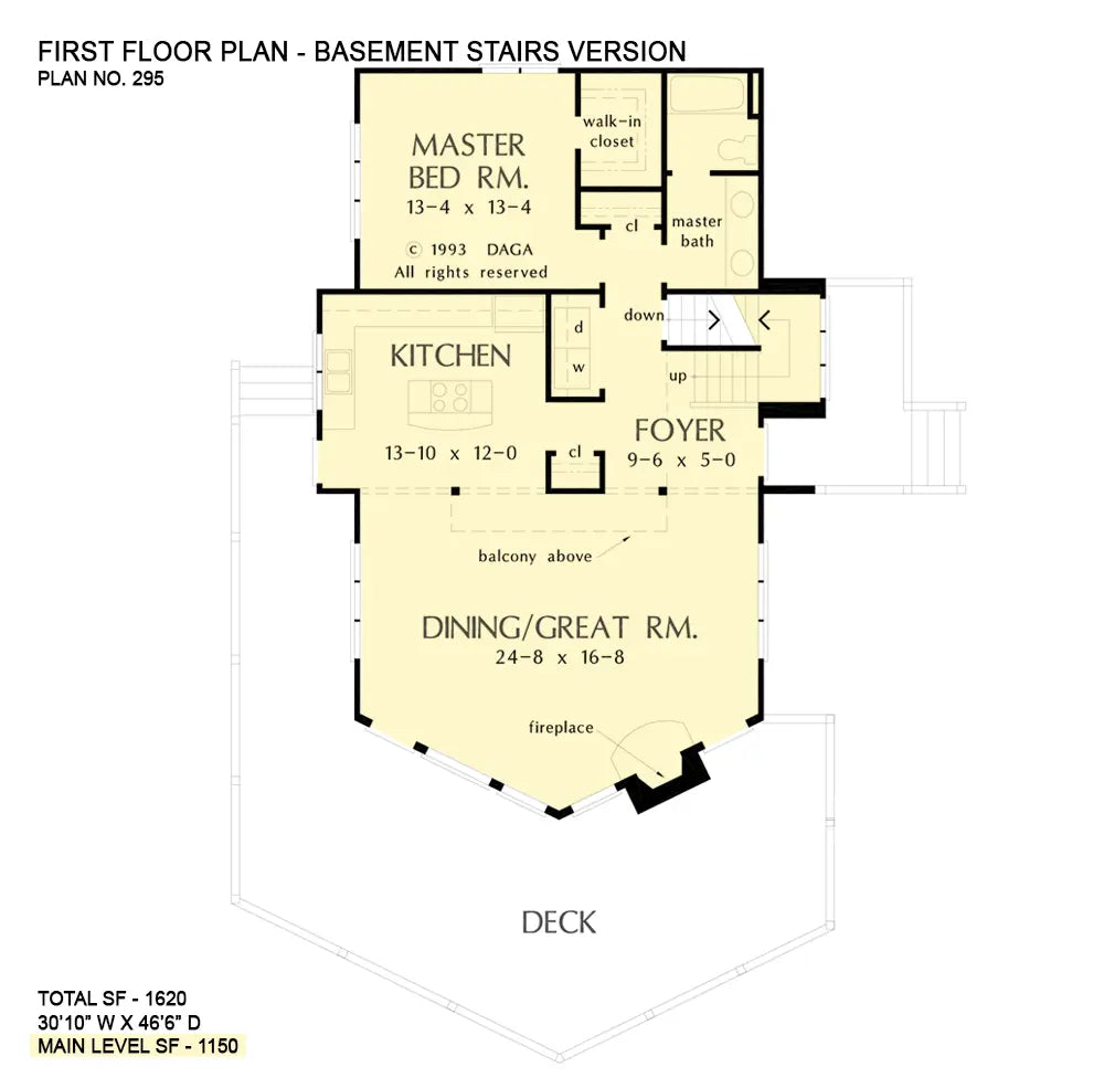 This is the first floor plan image for mountain house plan 295 The Overlea if the home is built over a basement