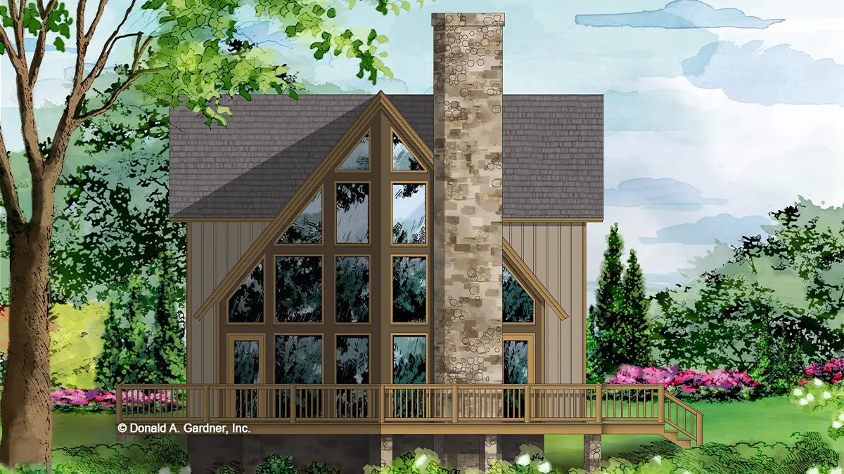 This is an illustration of the front of rustic house plan 295 The Overlea