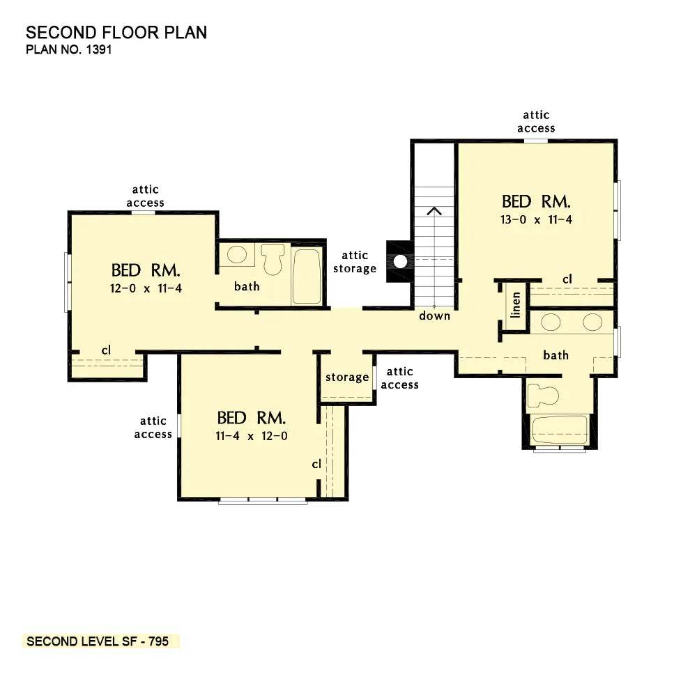 This is the second floor plan image for four bedroom house plan 1391 The Owen