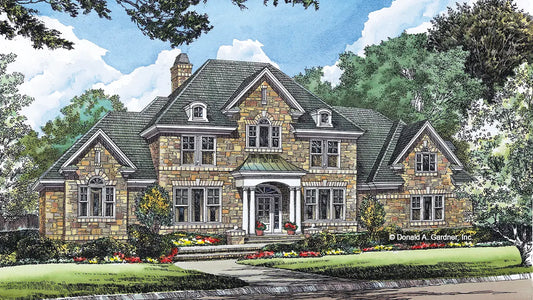 Front view illustration of an English style countryside home.  The Oxfordshire plan 1046.