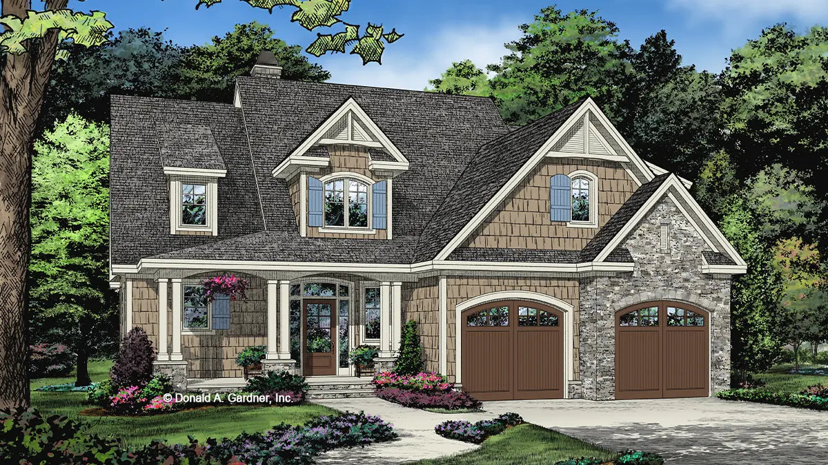 This is an illustration of the front of cottage house plan 1465 The Oxley