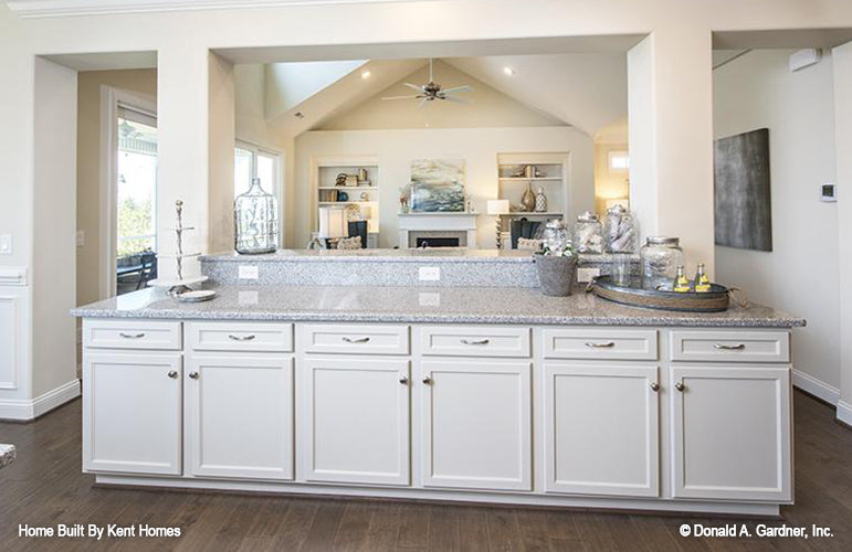 Bar view into the great room from the kitchen. The Padgett plan 1124.