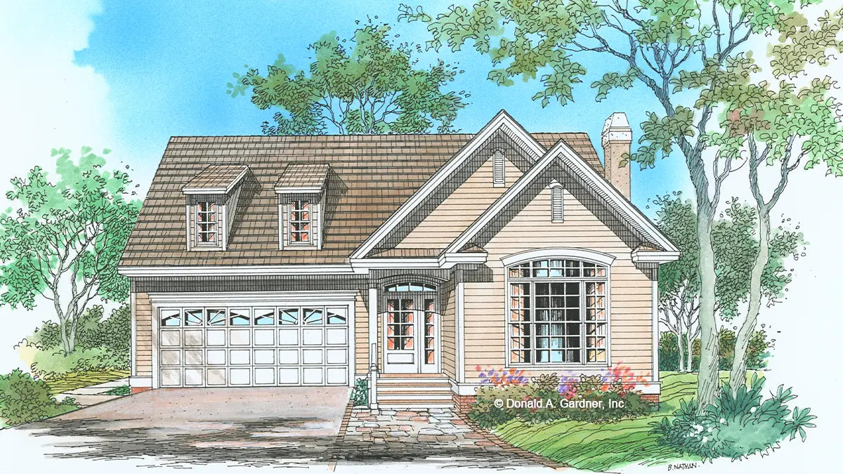 Front view illustration pf a narrow home with two car garage. The Paisley plan 860.