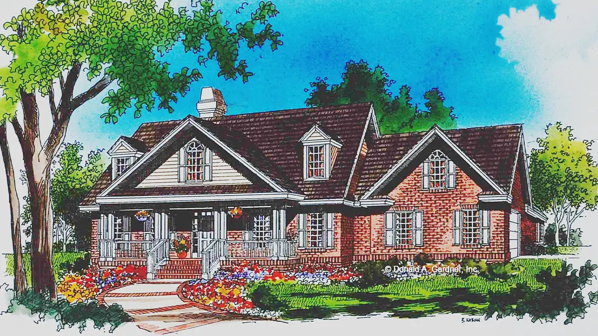 This is an illustration of the front of three bedroom house plan 367 The Paley 