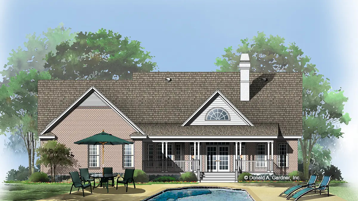 This is an illustration of the rear of brick house plan 367 The Paley