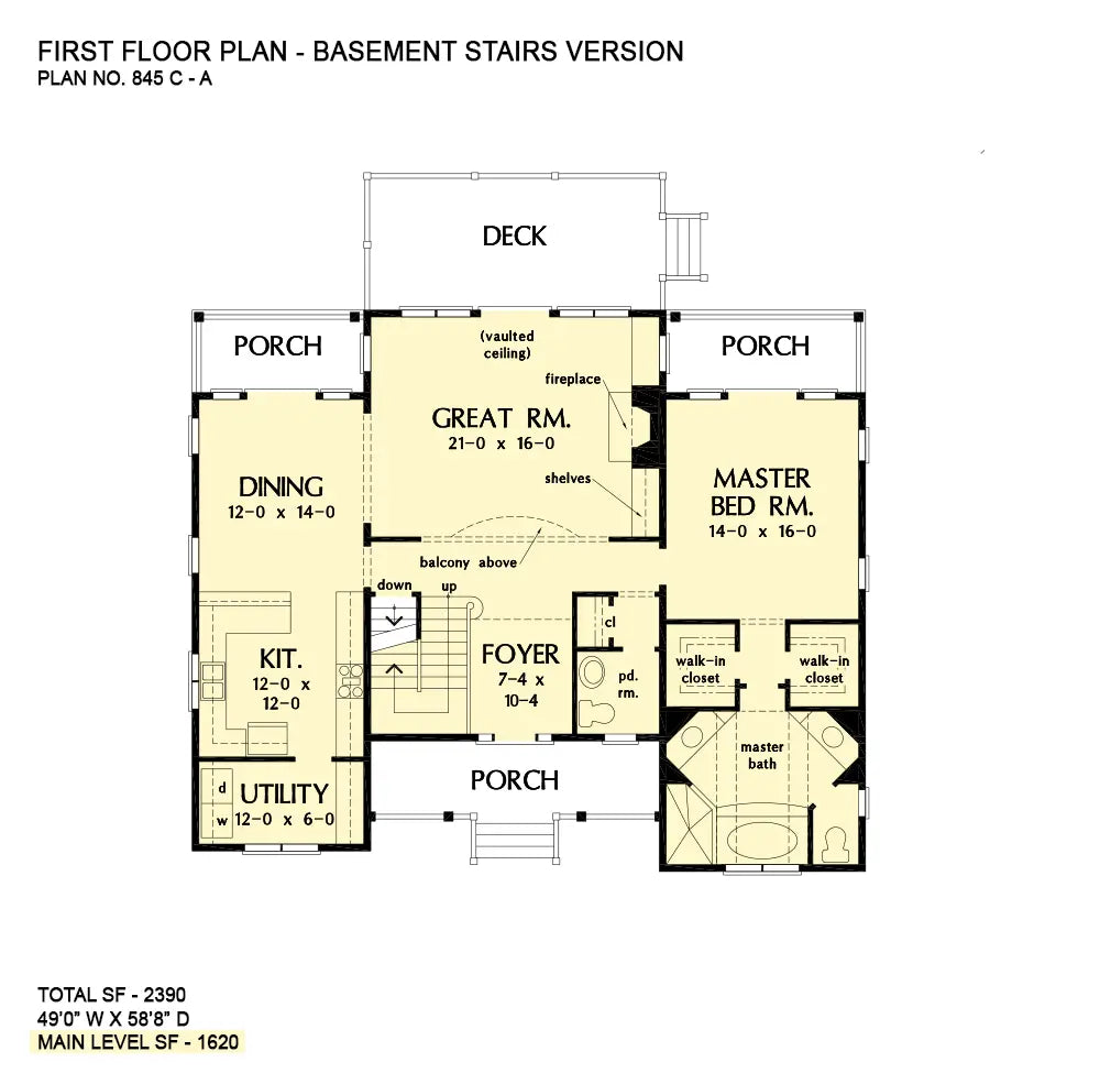 This is the first floor plan image for coastal house plan 845 The Palm Lily if the home is built over a basement