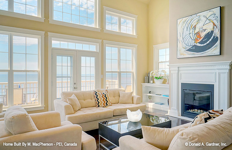 Fireplace and mantel in the great room. The Palm Lily plan 845. 