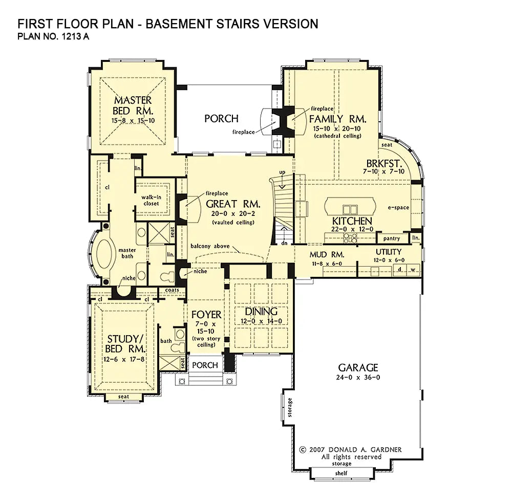 This is the first floor plan image for European house plan 1213 The Palmeri if the home is built over a basement