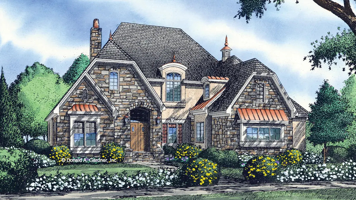 This is an illustration of the front of luxury house plan 1213 The Palmeri