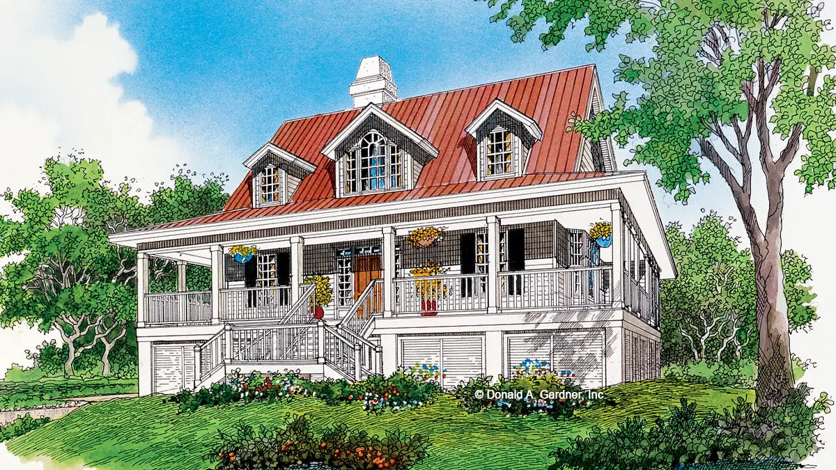 This is an illustration of the front of coastal house plan 737 The Palmetto