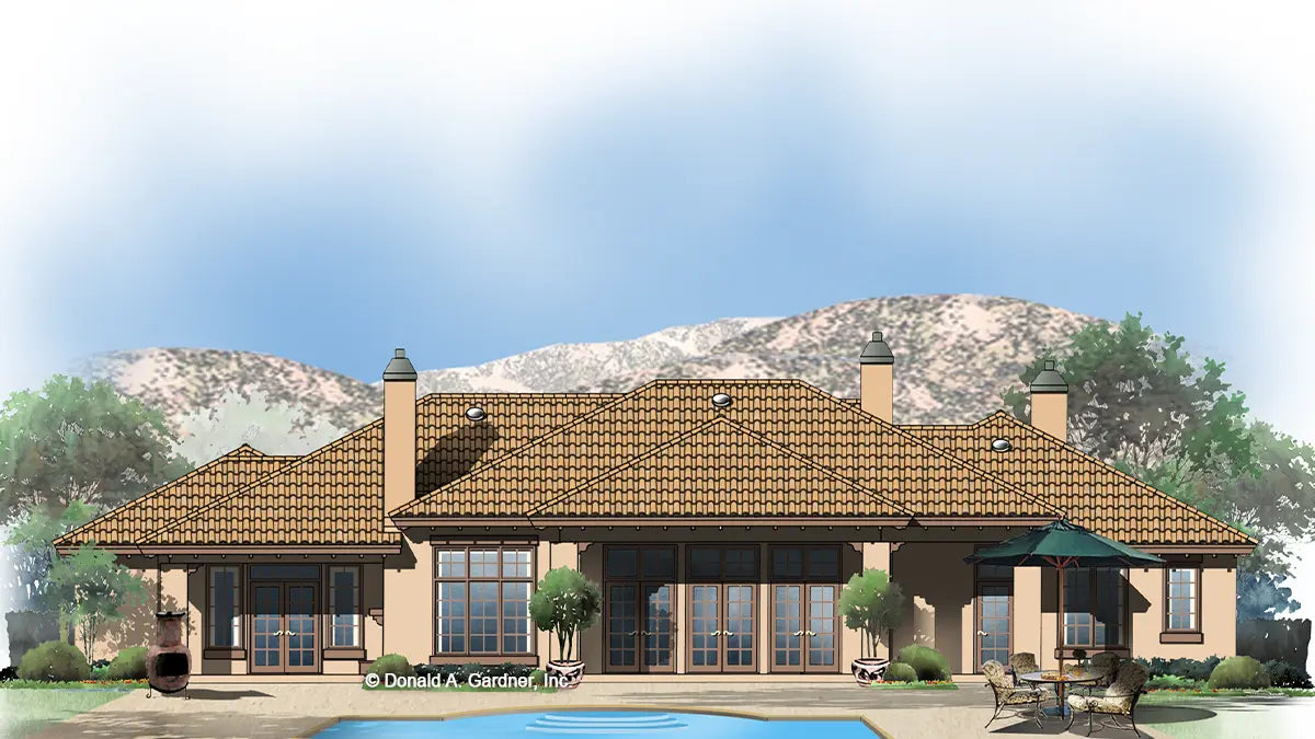 This is an illustration of the rear of ranch house plan 1010 The Paloma