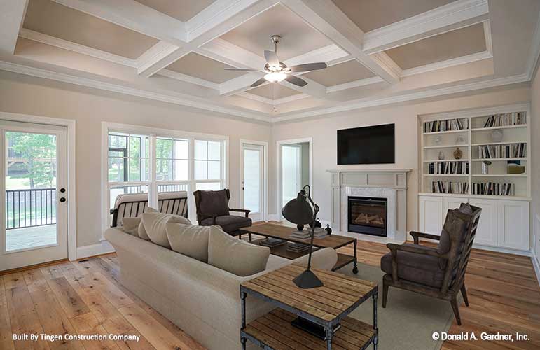 Great room with coffered ceiling and built-in bookcase. Paxton plan 1510