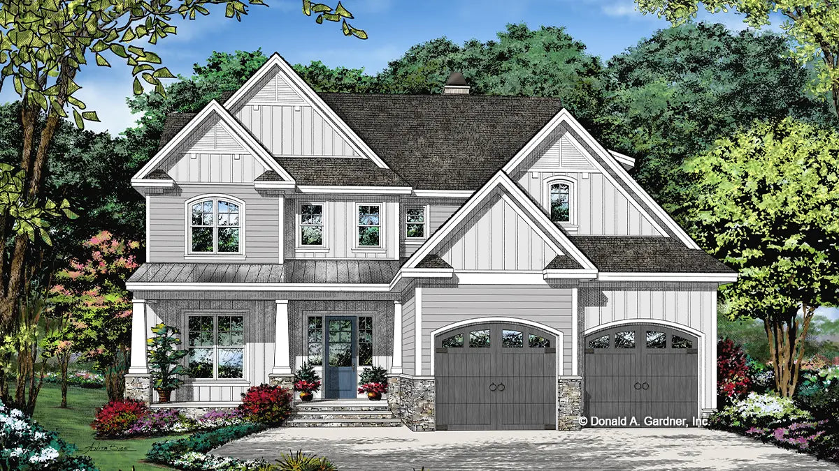 This is an illustration of the front of cottage house plan 1510 The Paxton