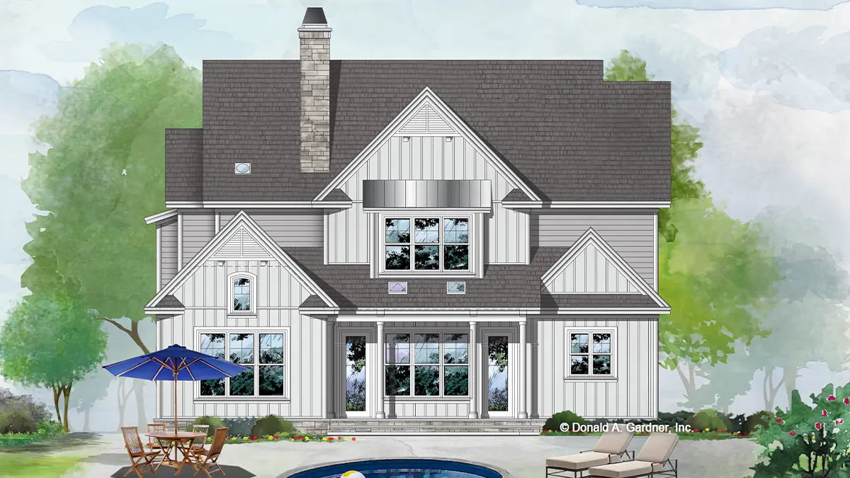 This is an illustration of the rear of two story house plan 1510 The Paxton