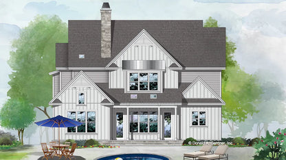 This is an illustration of the rear of two story house plan 1510 The Paxton