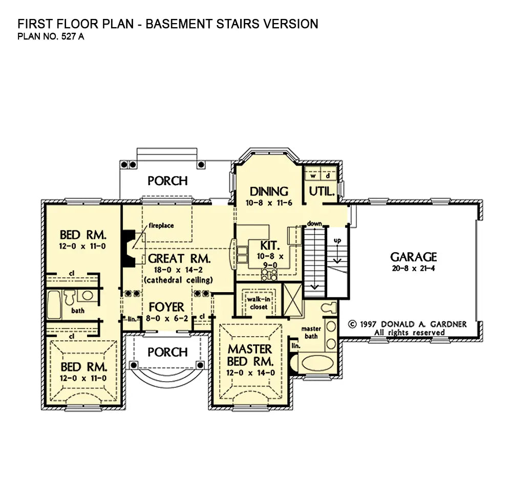 This is the first floor plan image for brick house plan 527 The Peabody if the home is built over a basement