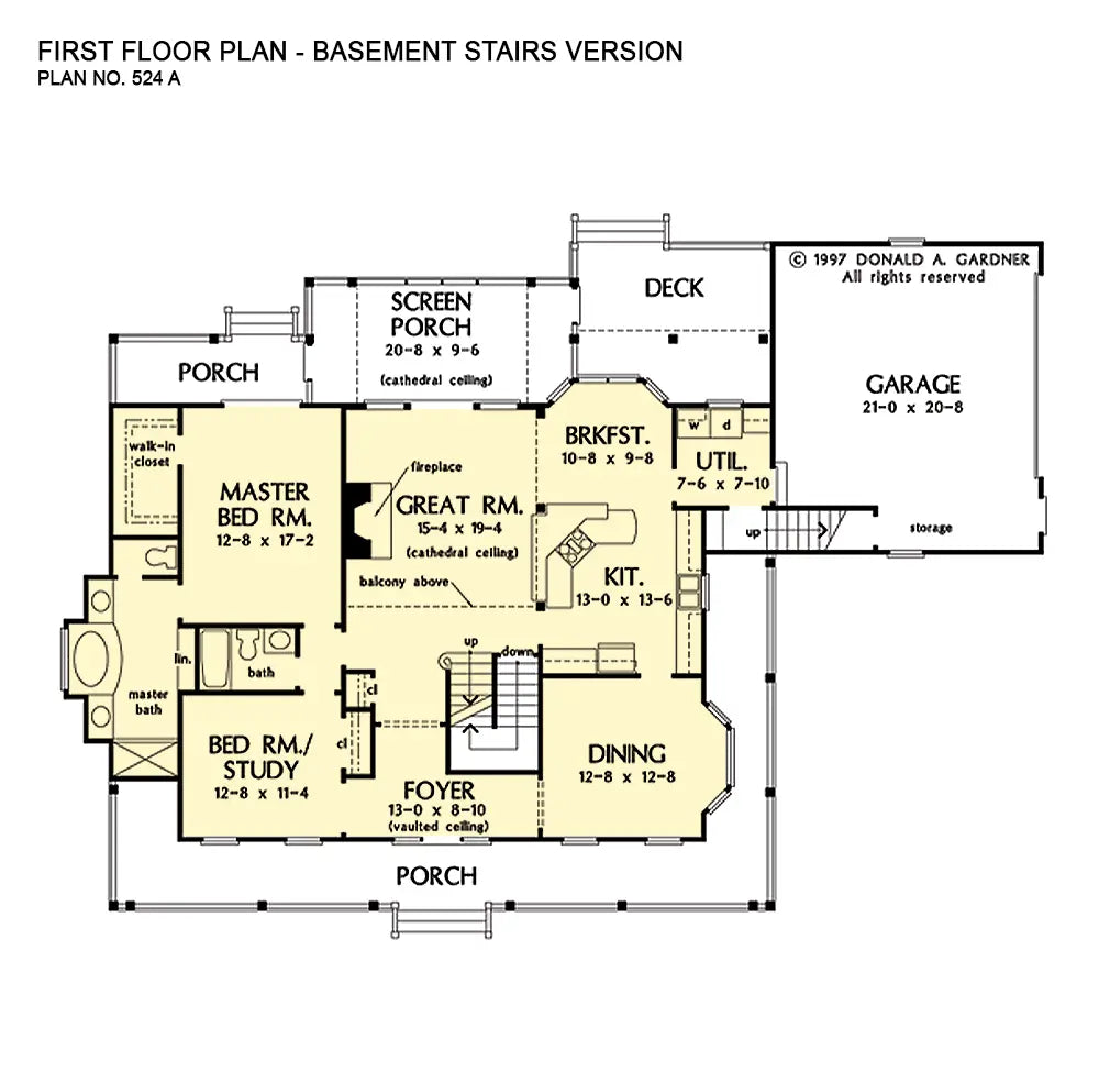 This is the first floor plan image for four bedroom house plan 524 The Peachtree if the home is built over a basement