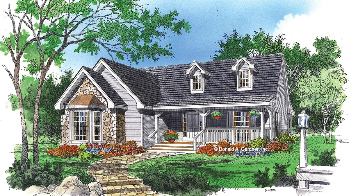 This is an illustration of the front of small house plan 232 The Pelham