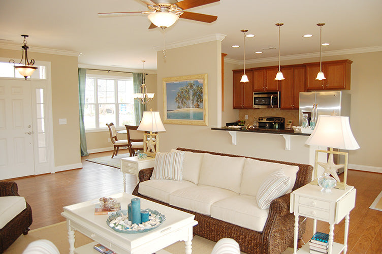 Great room view into the kitchen. The Pemberton plan 972.