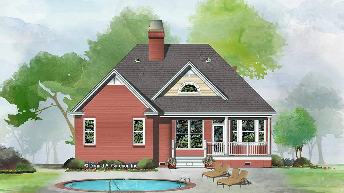 Rear view illustration with a covered porch. The Pemberton plan 972.