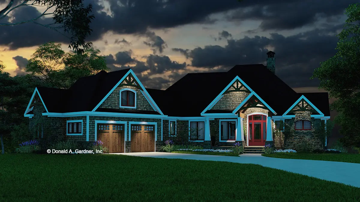 This is an illustration of the front of mountain house plan 1616 The Penelope at dusk