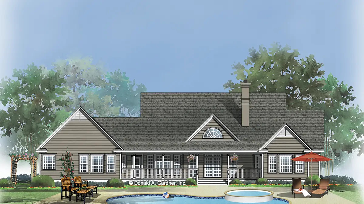 This is an illustration of the rear of four bedroom house plan 733 The Peppergrass