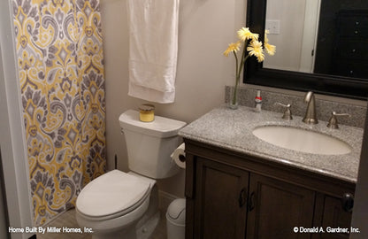 This is a photograph of the bathroom as built by a customer of brick house plan 1034 The Peppermill