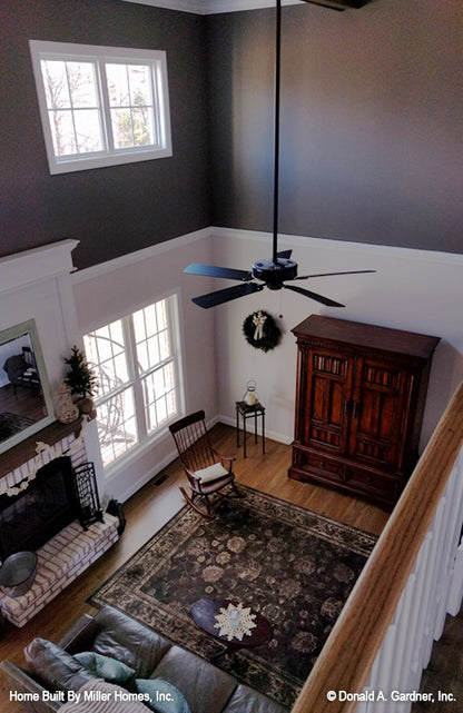 This is a photograph of the birds eye view of the great room as built by a customer of brick house plan 1034 The Peppermill