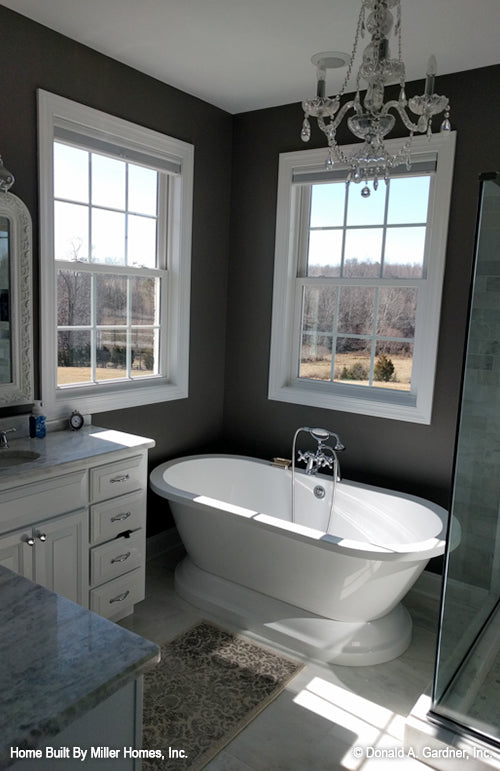 This is a photograph of the master bathroom as built by a customer of brick house plan 1034 The Peppermill