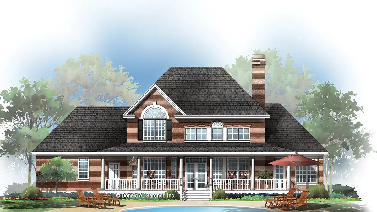 This is an illustration of the rear of brick house plan 1034 The Peppermill