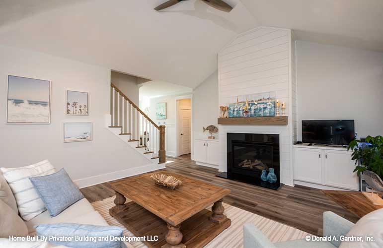 Fireplace with shiplap in the great room. Percy plan 1503