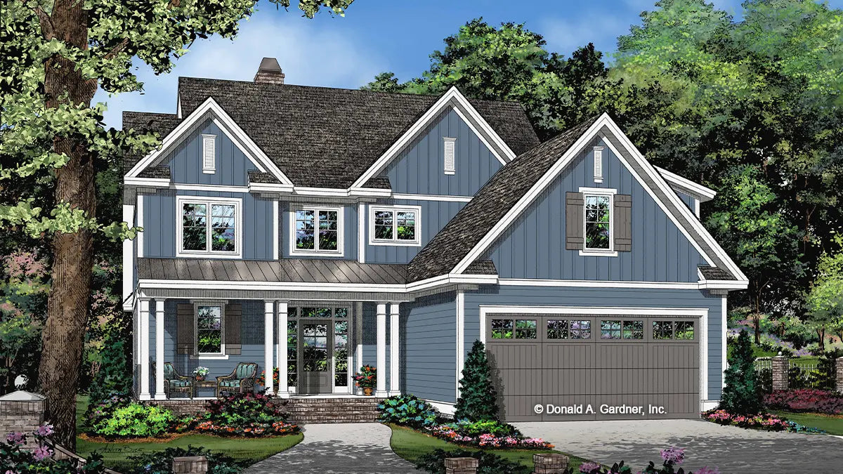 This is an illustration of the front of modern farmhouse house plan 1503 The Percy